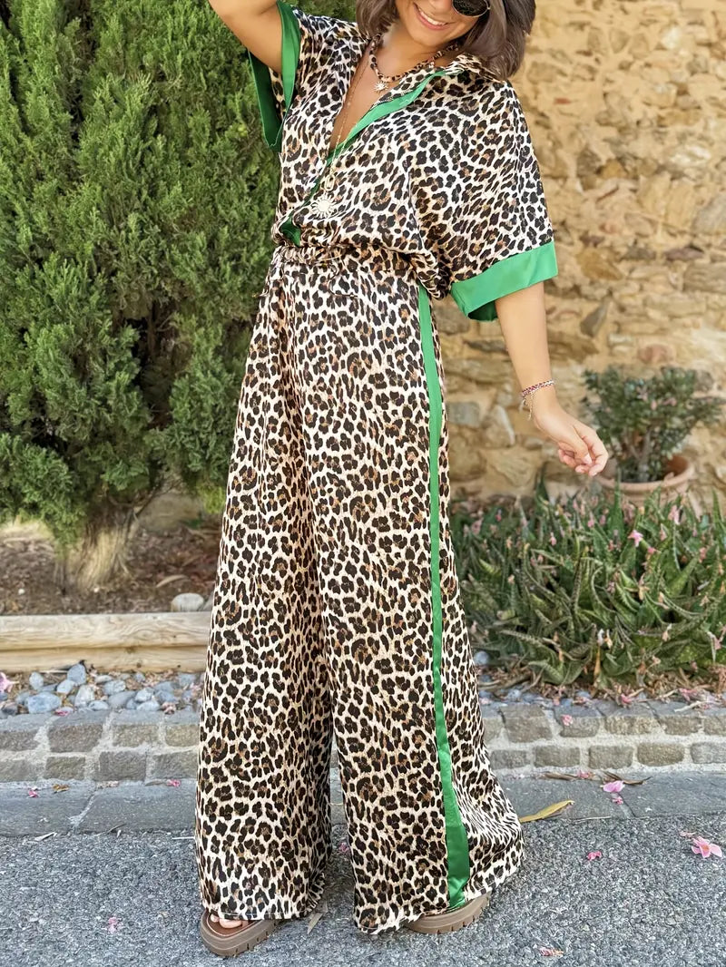 Women's Printed Short Sleeve Button-Up Shirt and Wide Leg Trouser Set