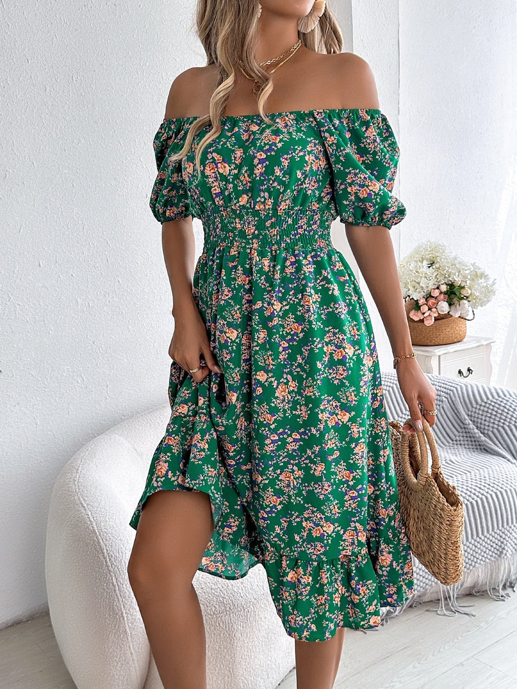 Square Neck Floral Dress with Frill Hem and High Waist | Meave & Ivy