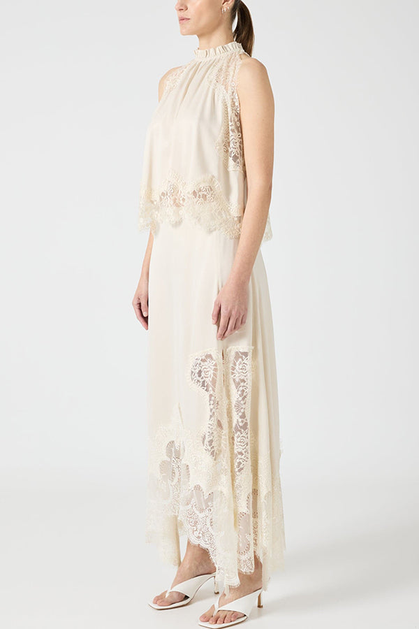 Satin Lace-Trim Top & A-Line Slit Skirt Set