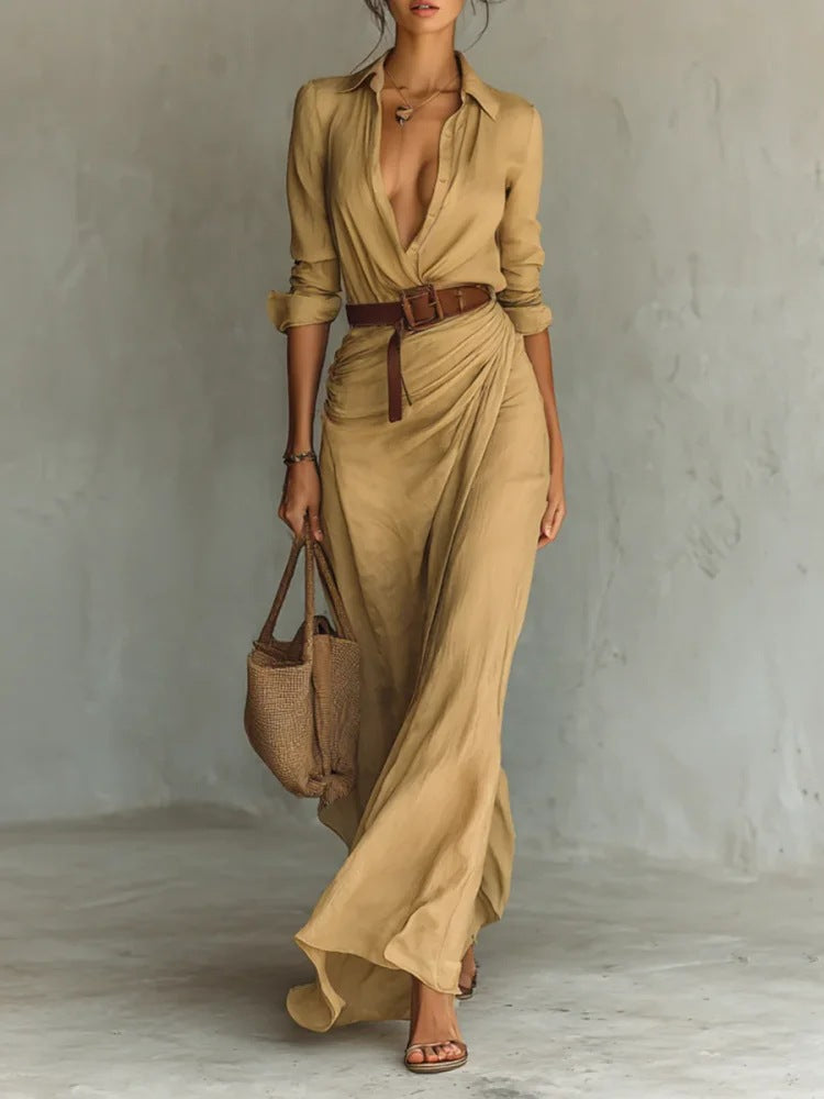 Autumn Dress Irregular Frill Hem Belt and Long Sleeves | Meave & Ivy