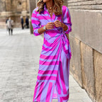 Striped Cardigan Lace-Up Dress with Straight Midi Skirt Printed | Meave & Ivy