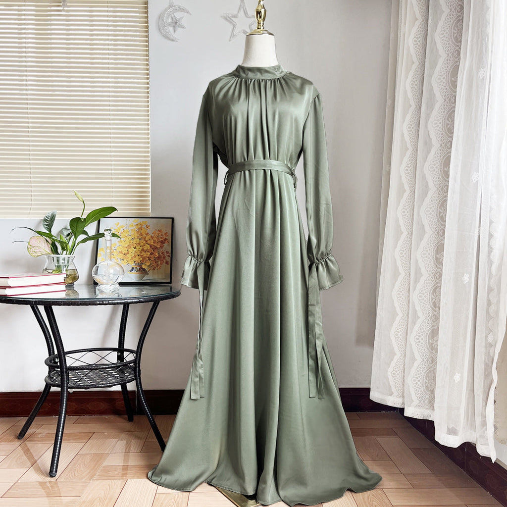 Women's Satin Maxi Dress with Tie Waist and High Neck