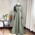 Women's Satin Maxi Dress with Tie Waist and High Neck