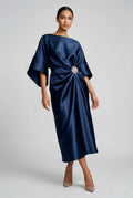 Satin Batwing Jewel Midi Dress - Elegant Wedding Guest Dress | Meave & Ivy