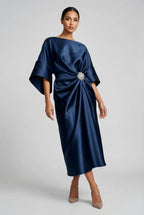 Satin Batwing Jewel Midi Dress - Elegant Wedding Guest Dress | Meave & Ivy