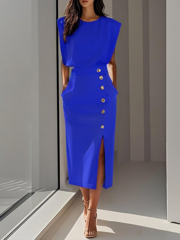 Sleeveless Button-Detail Bodycon Midi Dress