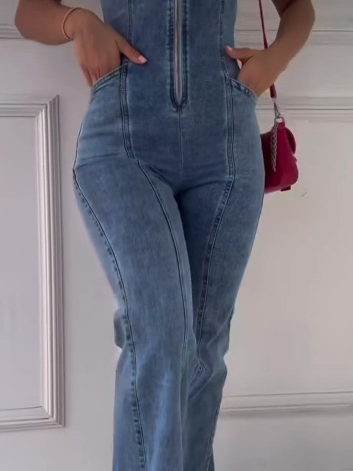 Women's Zip-Front Denim Jumpsuit with Fitted Bodice