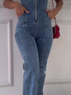 Women's Zip-Front Denim Jumpsuit with Fitted Bodice
