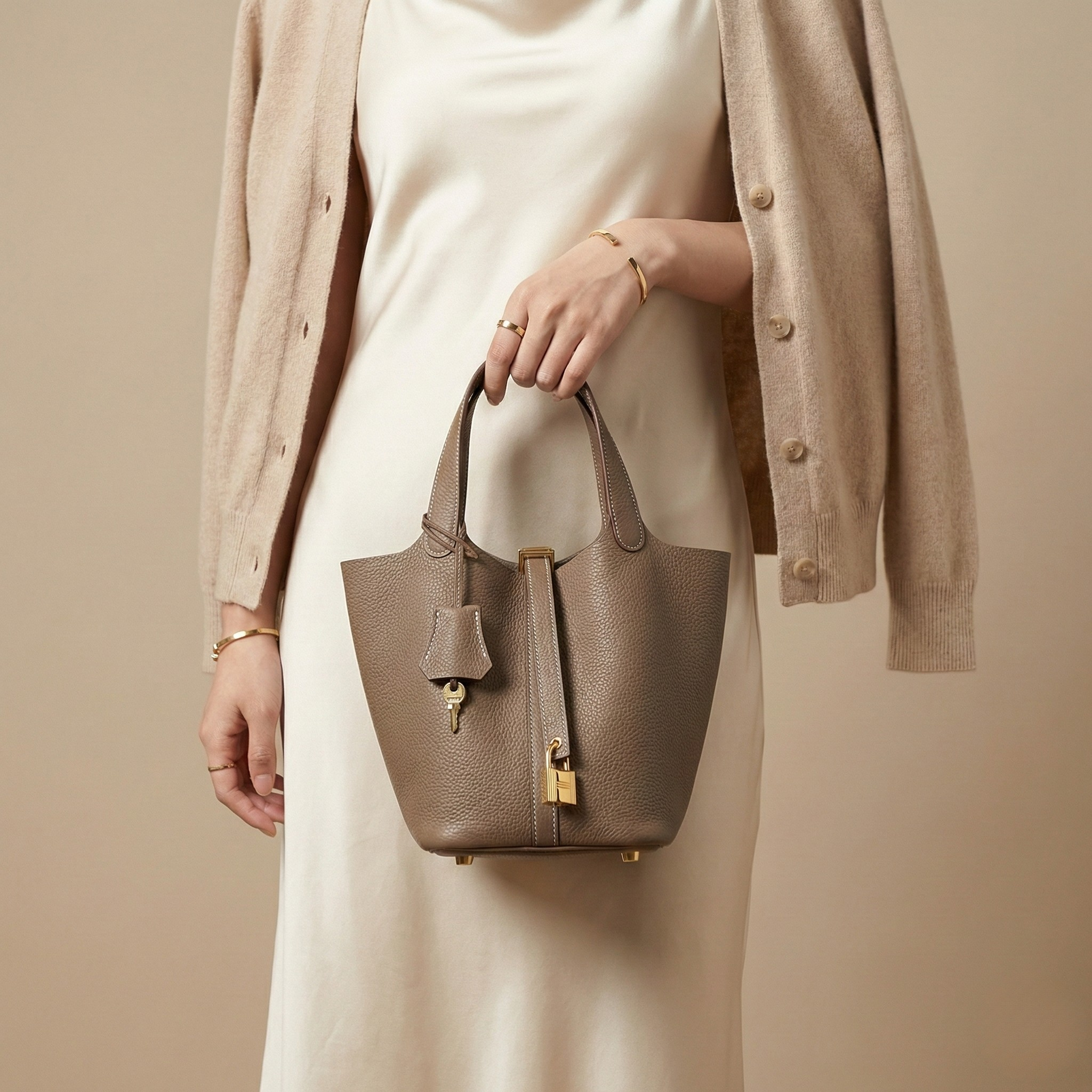 Structured Basket Handbag with Twist Lock – Faux Leather Bucket Bag