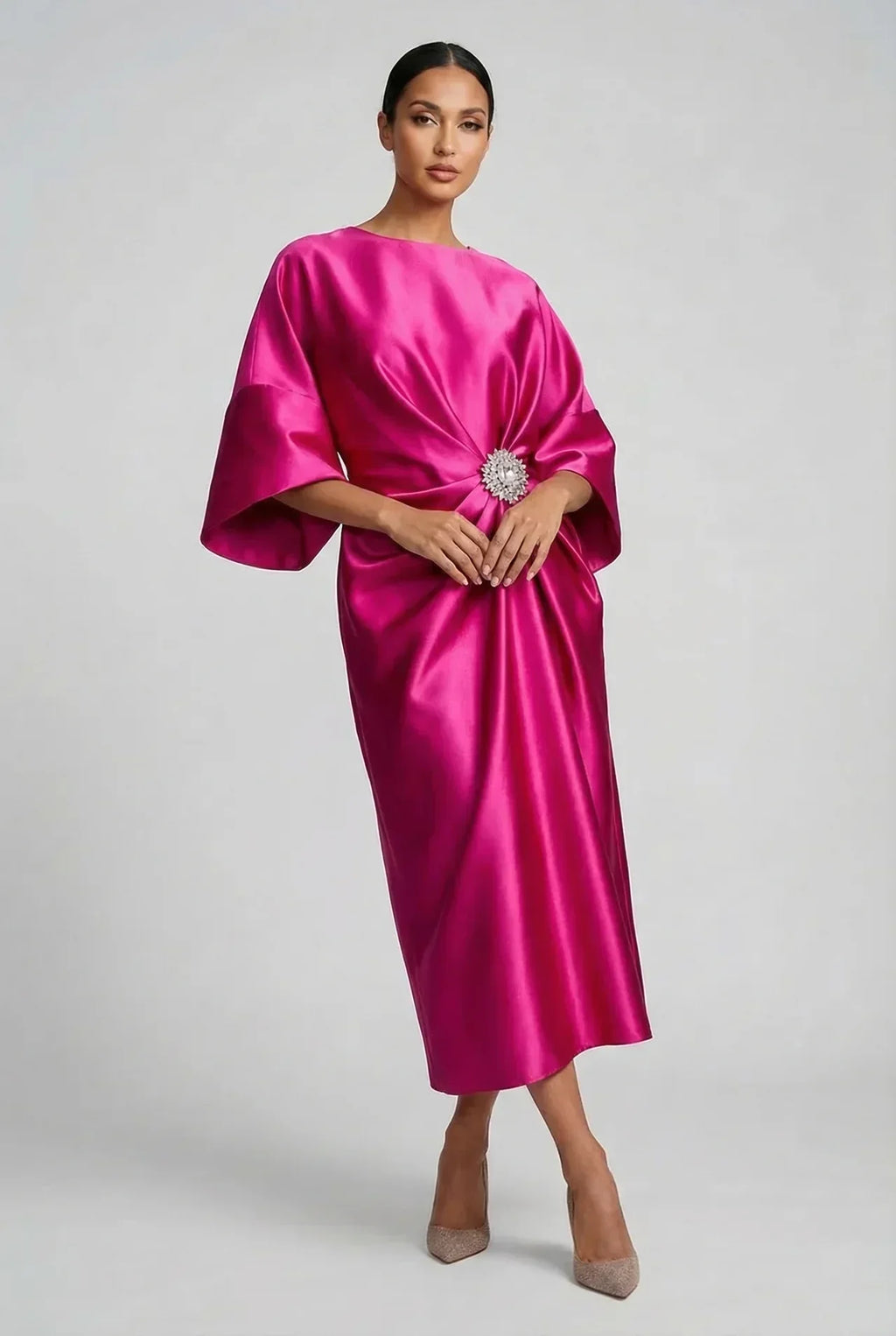 Satin Batwing Jewel Midi Dress - Elegant Wedding Guest Dress | Meave & Ivy