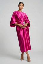 Satin Batwing Jewel Midi Dress - Elegant Wedding Guest Dress | Meave & Ivy