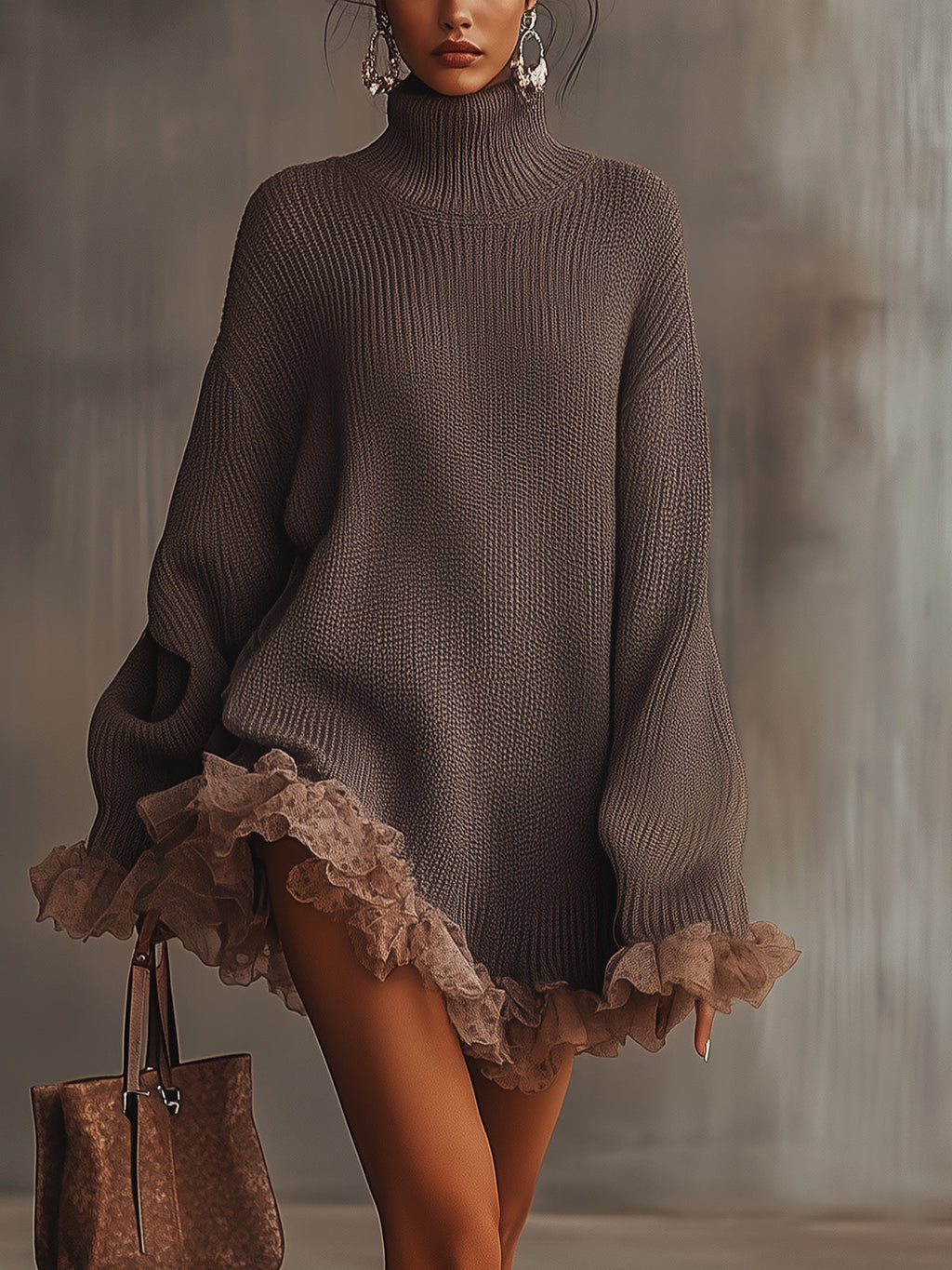 Women's Chunky Knit Turtleneck Mini Dress with Romantic Lace Ruffle Hem