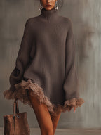 Women's Chunky Knit Turtleneck Mini Dress with Romantic Lace Ruffle Hem