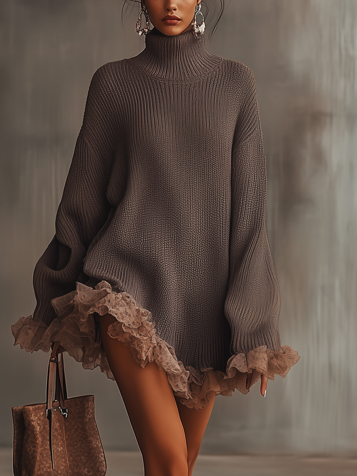 Women's Chunky Knit Turtleneck Mini Dress with Romantic Lace Ruffle Hem