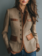 Tweed Jacket with Leather-Trim Pockets - Vintage Style