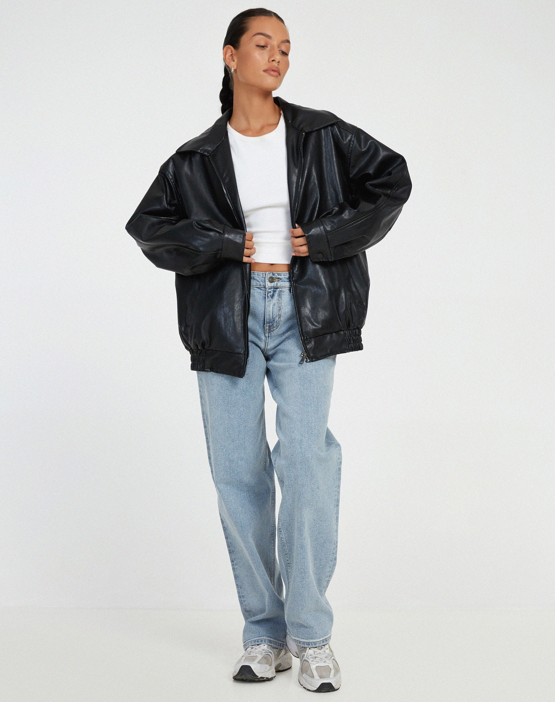 Oversized Leather Look Bomber Jacket – Smooth Luxe Finish