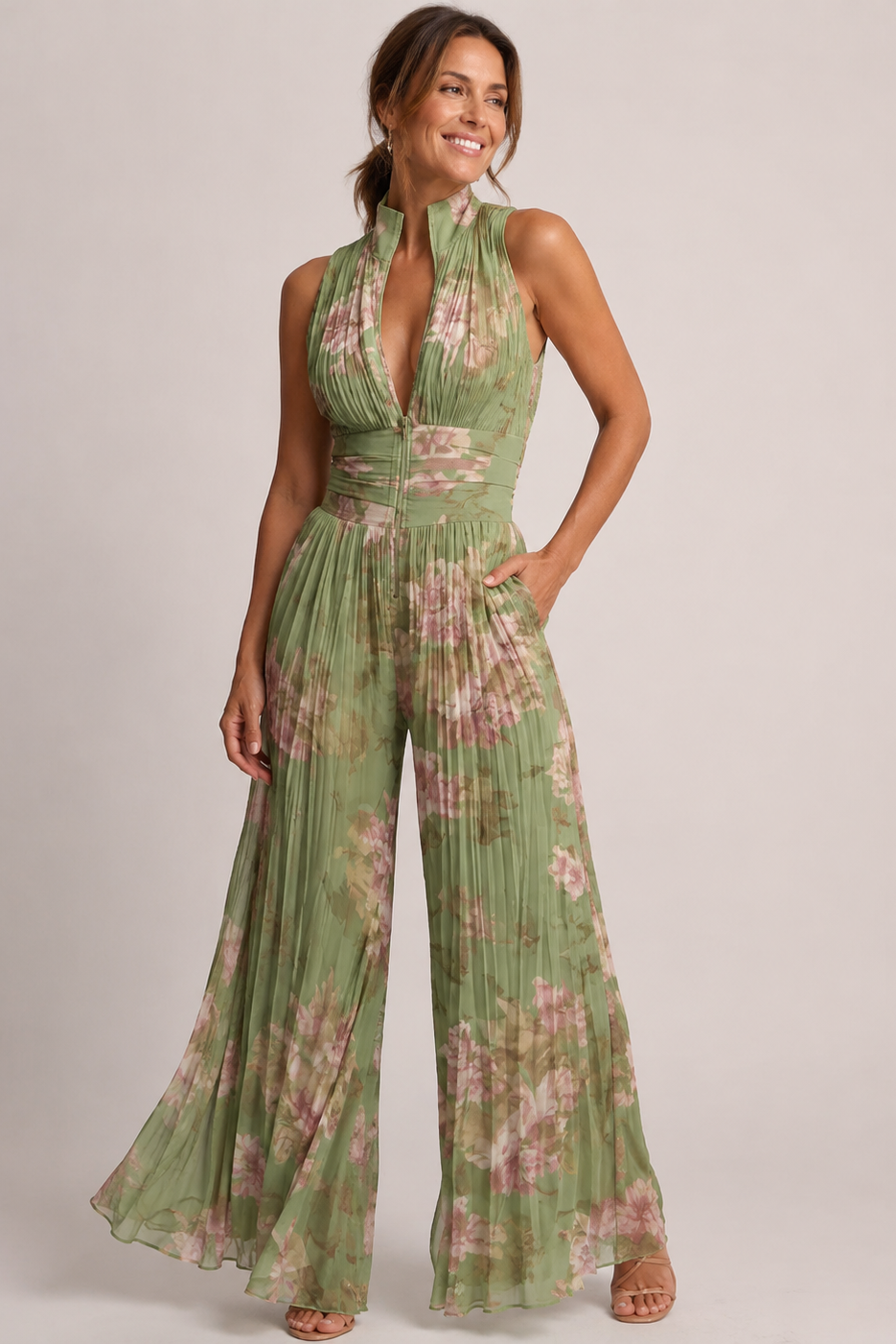 Green Floral Pleated Wide Leg Jumpsuit – Women's Wedding Guest Jumpsuit