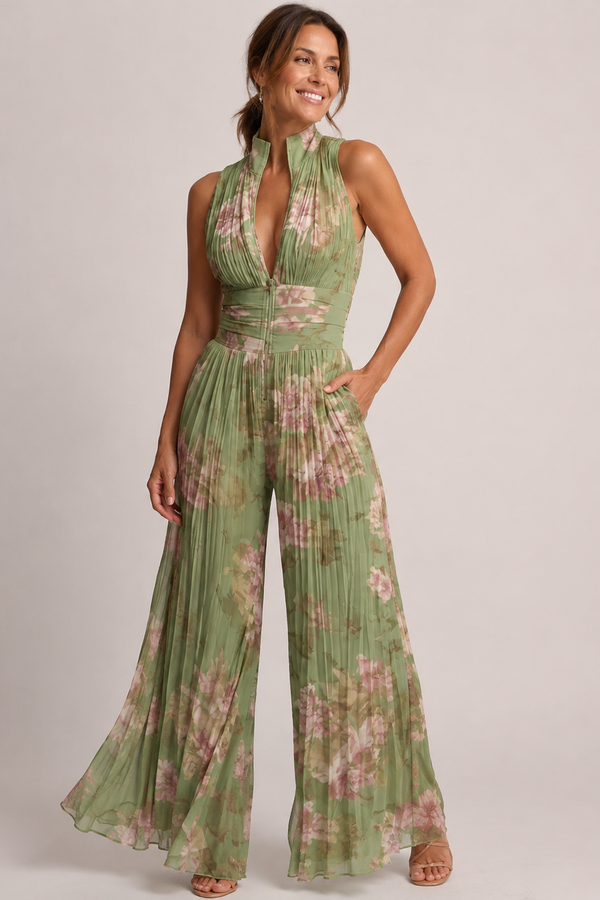 Green Floral Pleated Wide Leg Jumpsuit – Women's Wedding Guest Jumpsuit