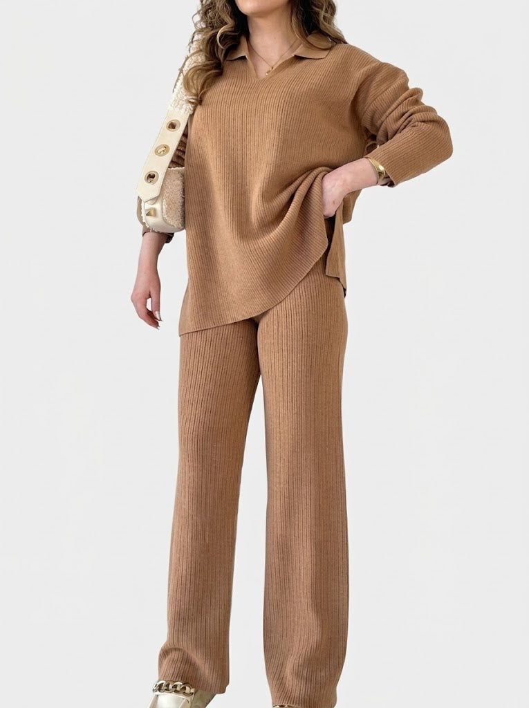 Women's Ribbed Knit Co-Ord Set – Relaxed V-Neck Tunic Top