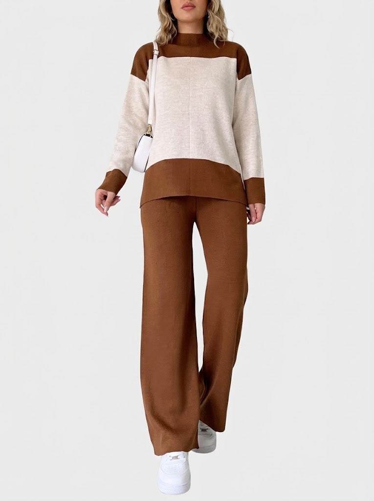Women's Colour-Block Knit Co-Ord Set – High-Neck Long-Sleeve Top