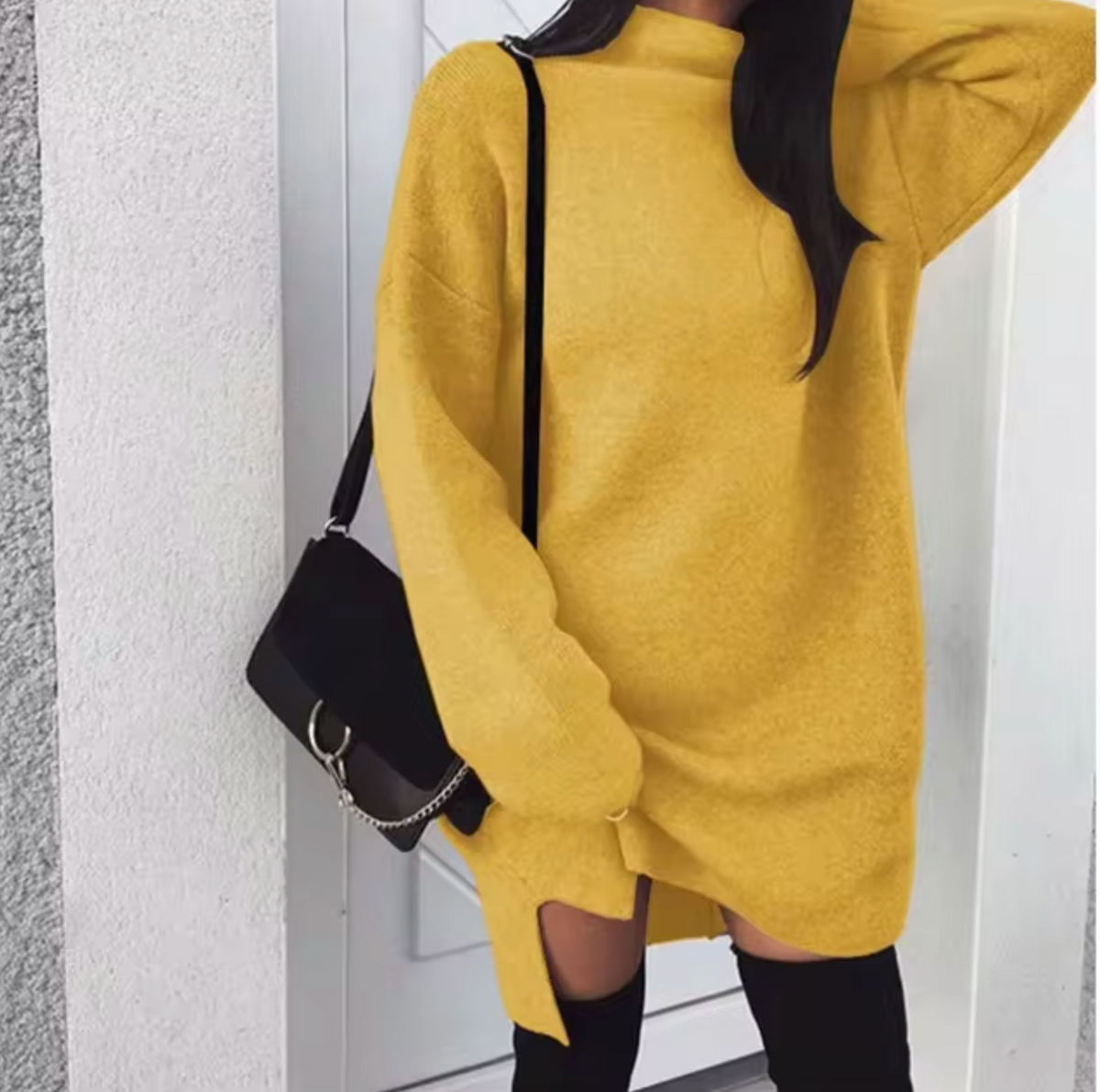 Women's wool-blend and soft-knit Sweater Dress with High Neck and Side