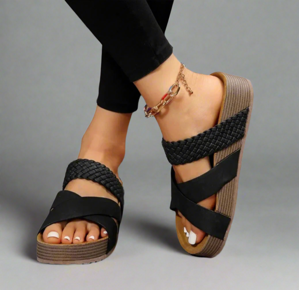 Woven Crossover Strap Wedge Sandals