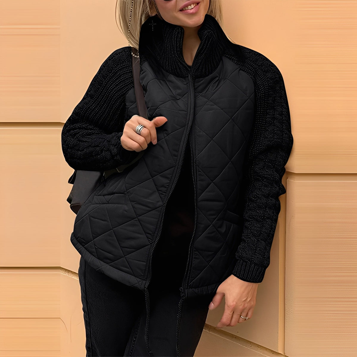 Women's Diamond Quilted Zip-Up Jacket with Cable Knit Sleeves and Stand