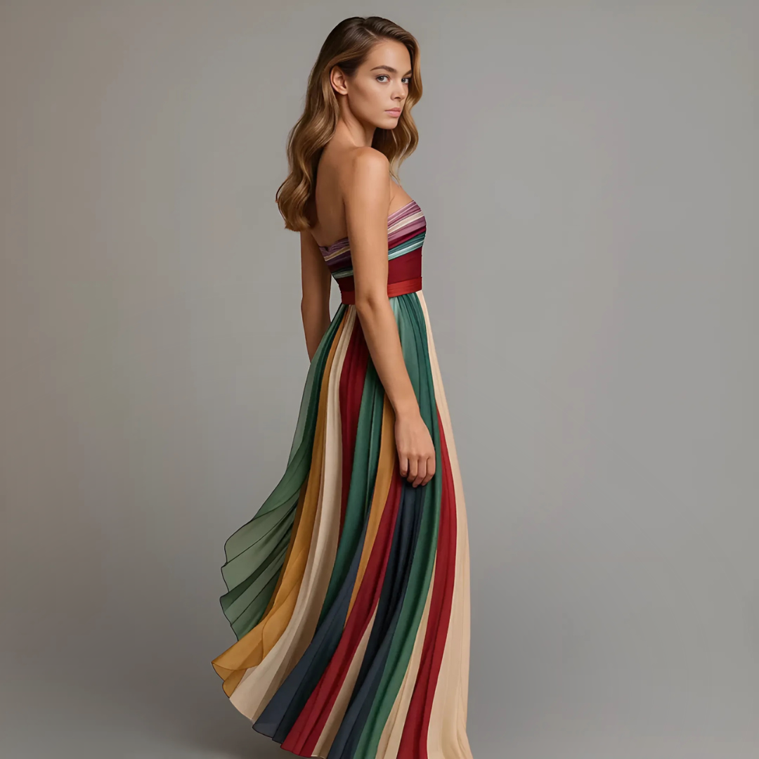 Strapless Multicolour Striped Pleated Maxi Dress