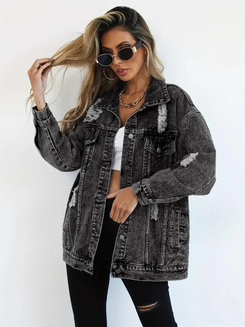 Women's Oversized Distressed Denim Jacket with Ripped Detailing and Button