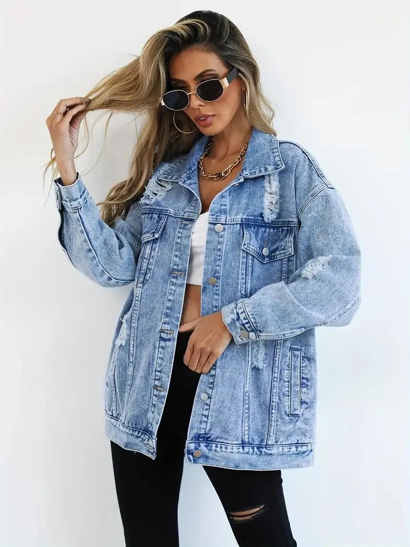 Women's Oversized Distressed Denim Jacket with Ripped Detailing and Button