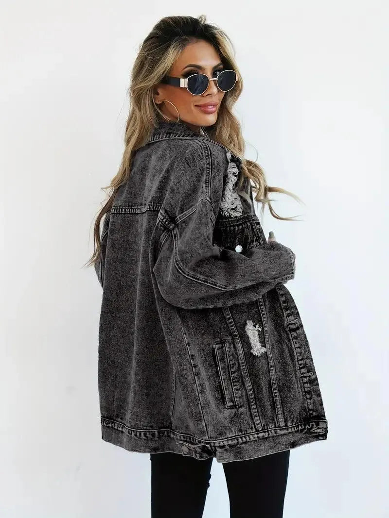 Women's Oversized Distressed Denim Jacket with Ripped Detailing and Button