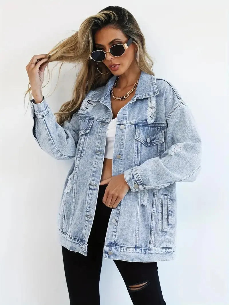Women's Oversized Distressed Denim Jacket with Ripped Detailing and Button
