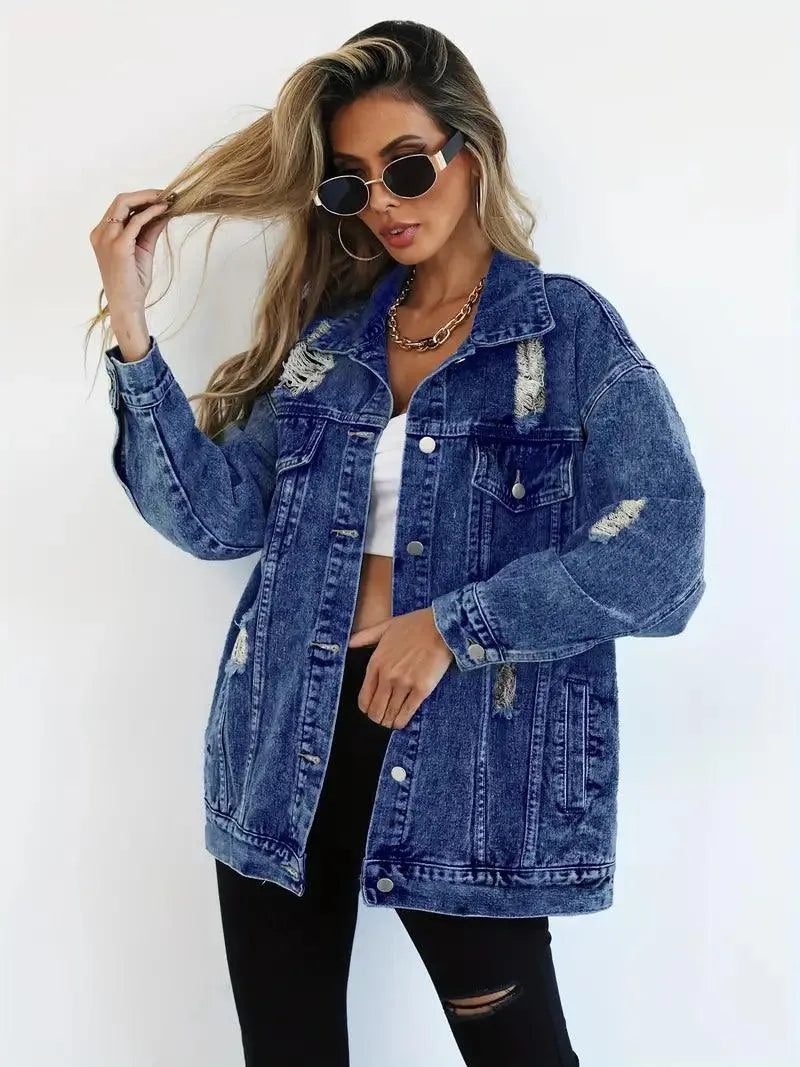 Women's Oversized Distressed Denim Jacket with Ripped Detailing and Button
