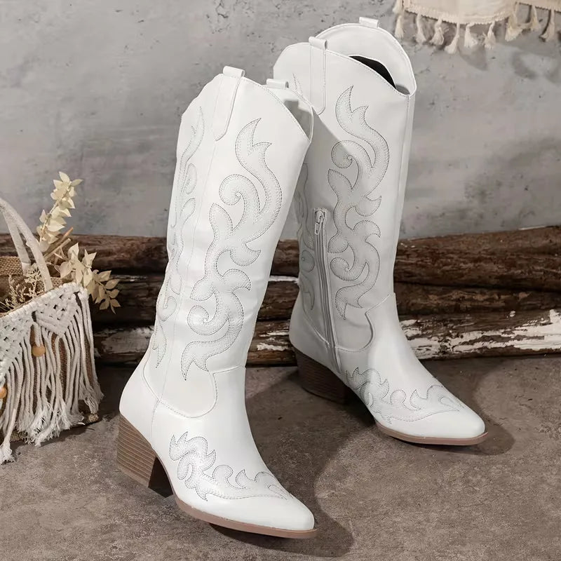 Knee High Embroidered Cowboy Boots with Pointed Toe