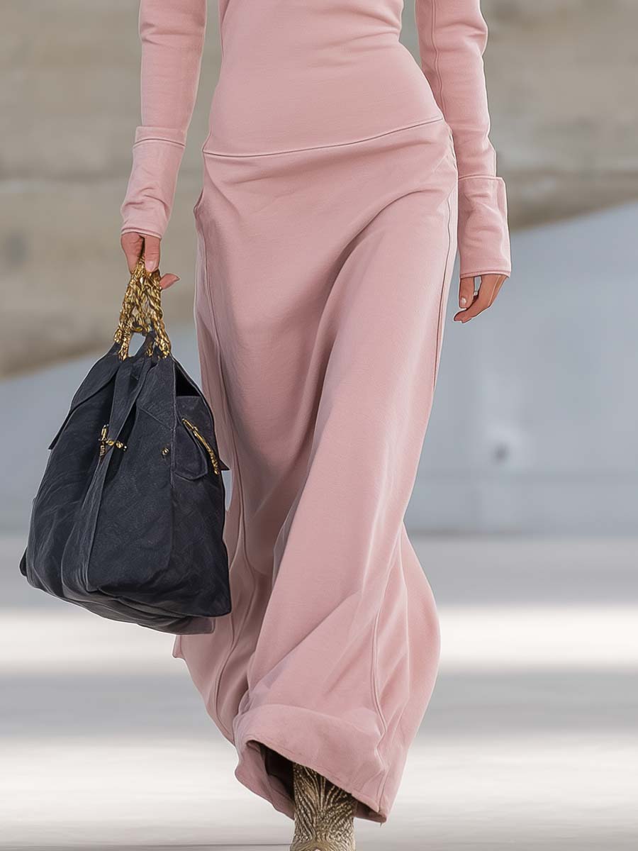 Women's Elegant Long Sleeve Maxi Dress with Half Zip Front and High Stand