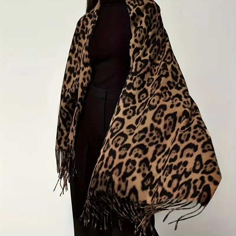 Leopard Print Winter Scarf with Fringes – Bohemian Blanket Scarf