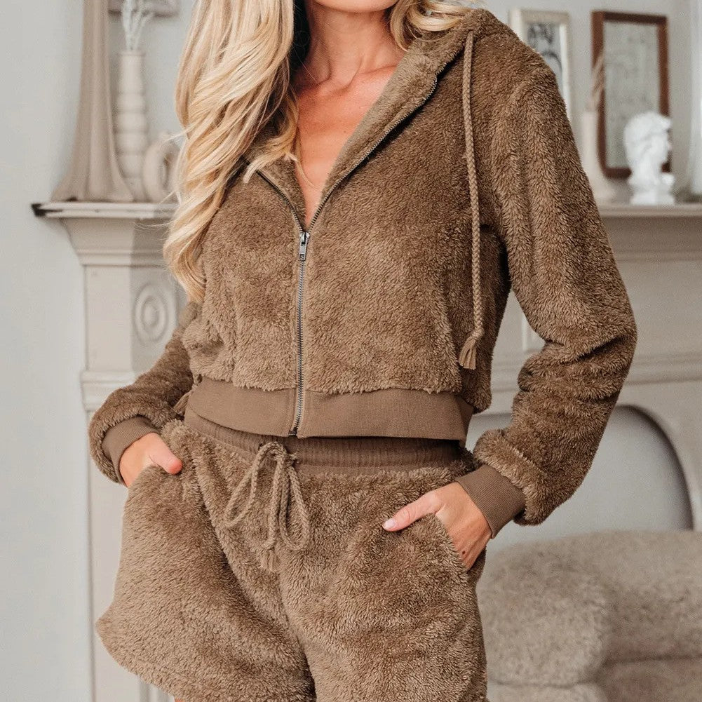 Women's Teddy Fleece Zip-Up Hoodie and Drawstring Shorts Set