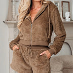 Women's Teddy Fleece Zip-Up Hoodie and Drawstring Shorts Set