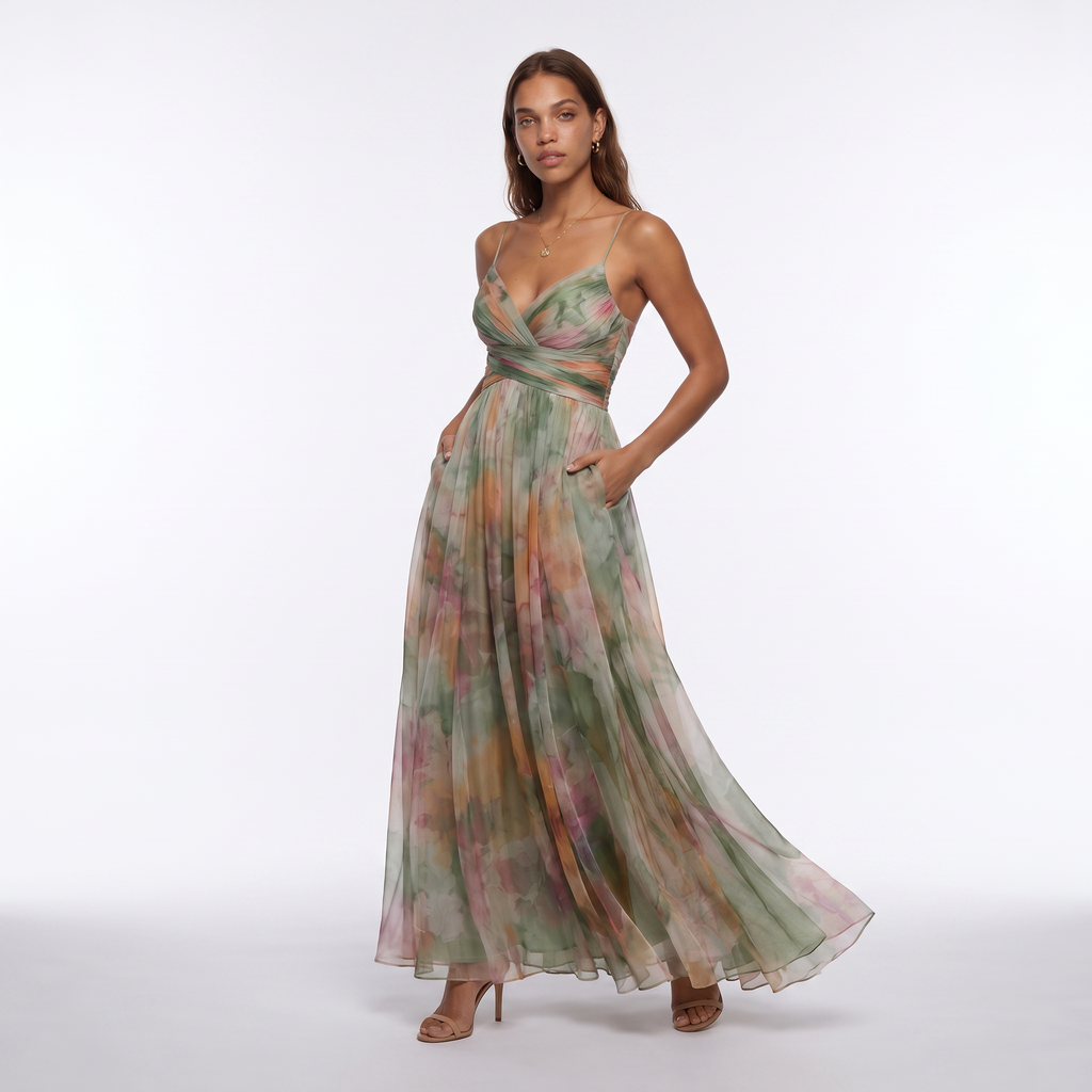 Watercolour Floral V-Neck Maxi Dress with Open Back