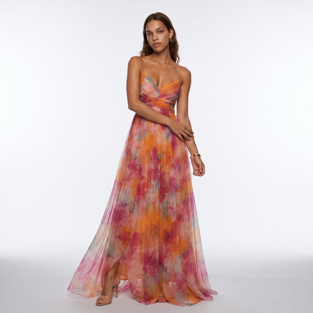 Watercolour Floral V-Neck Maxi Dress with Open Back