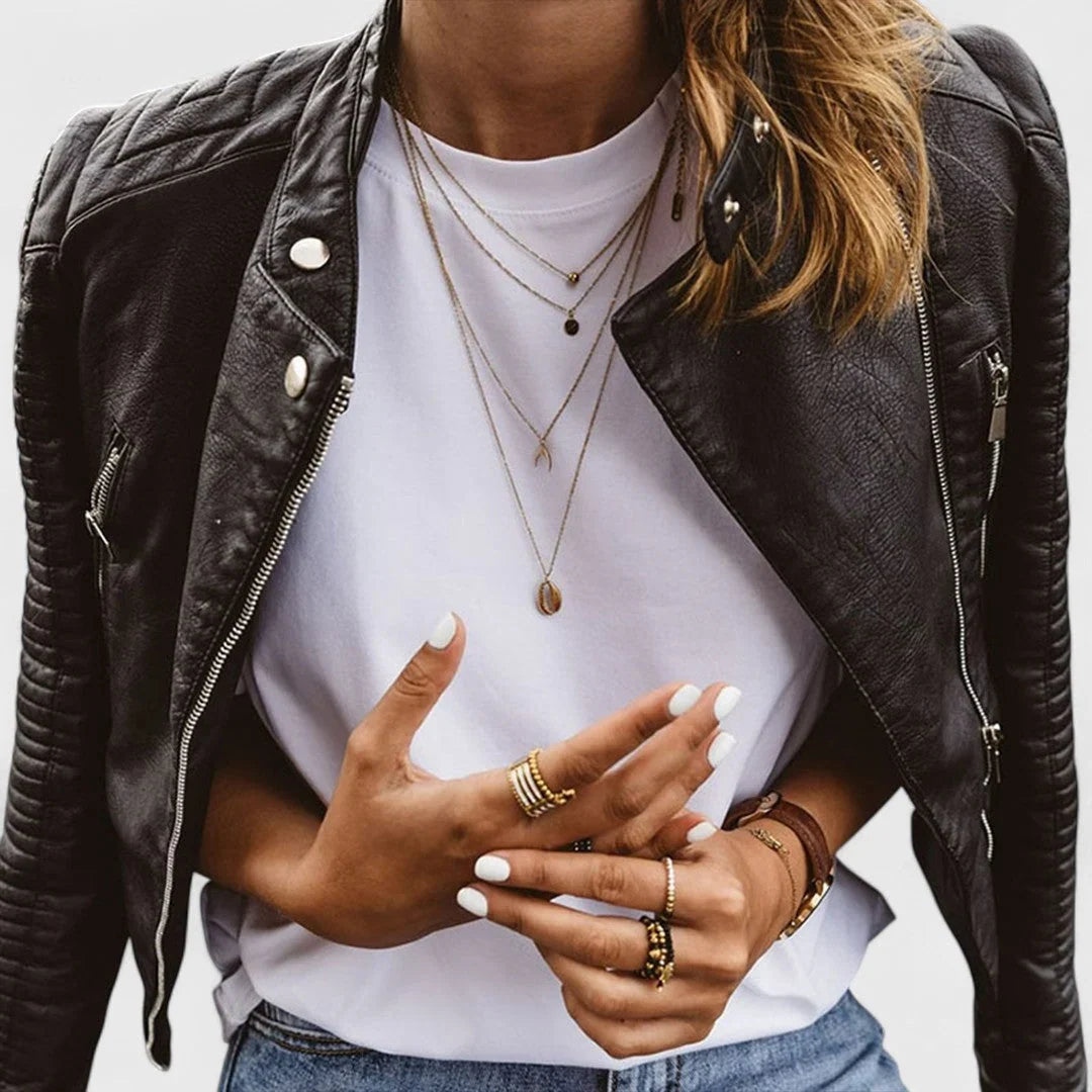 Women's Fitted Biker Jacket with Quilted Sleeve Panels