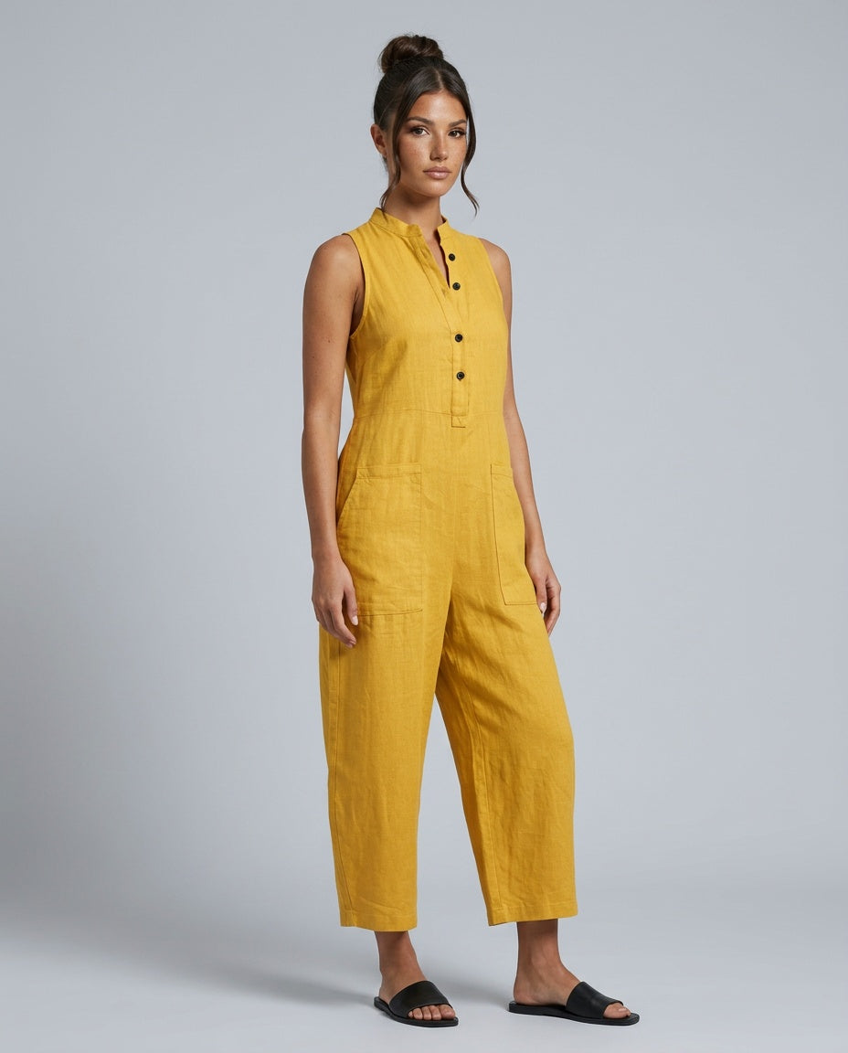 Linen-Blend Sleeveless Loose Jumpsuit