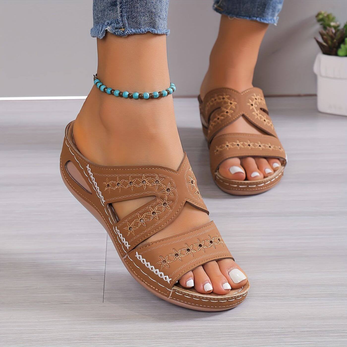 Embroidered Orthopedic Slide Sandals