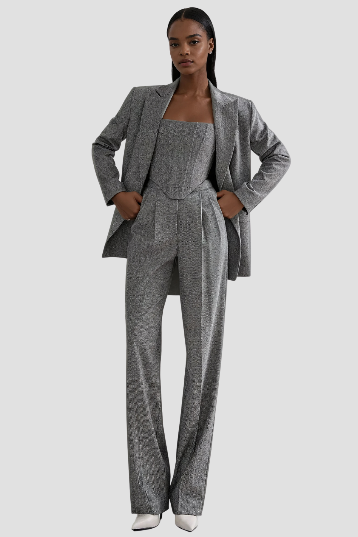 Strapless Lapel Three-Piece Trouser Suit - Grey