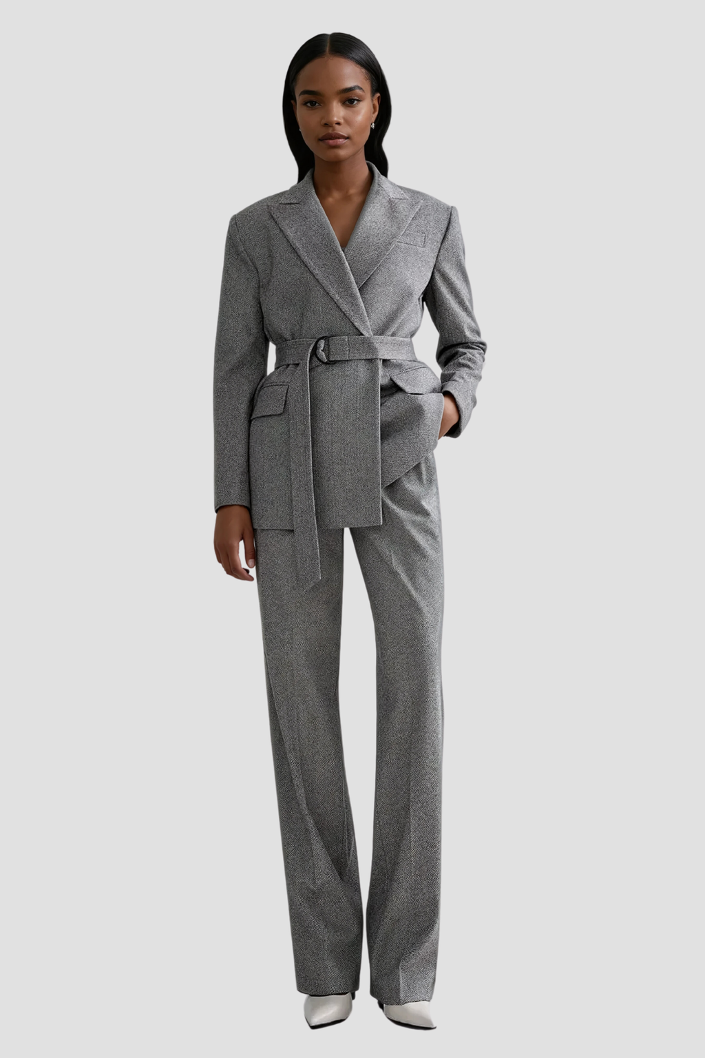 Strapless Lapel Three-Piece Trouser Suit - Grey