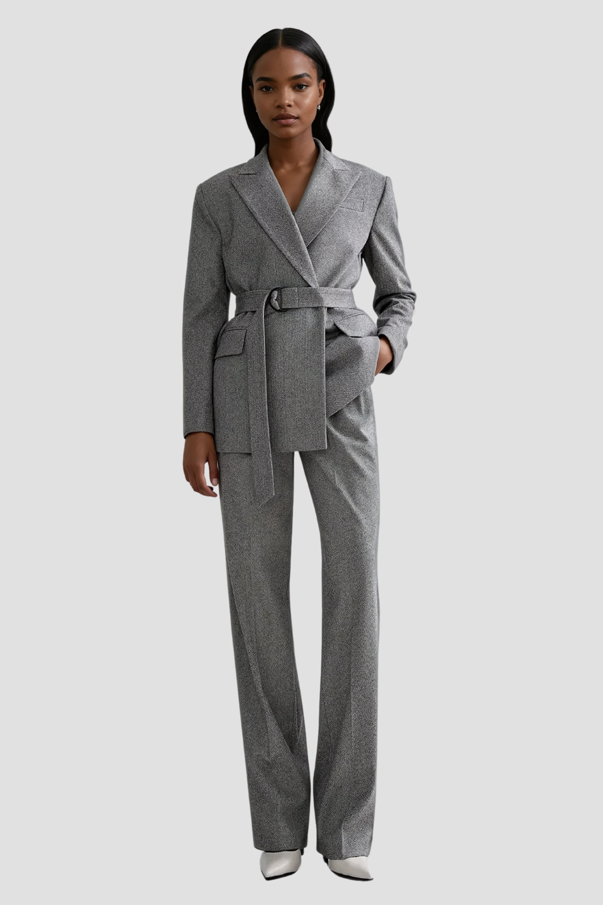 Strapless Lapel Three-Piece Trouser Suit - Grey