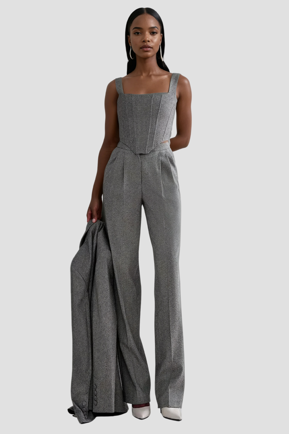 Strapless Lapel Three-Piece Trouser Suit - Grey