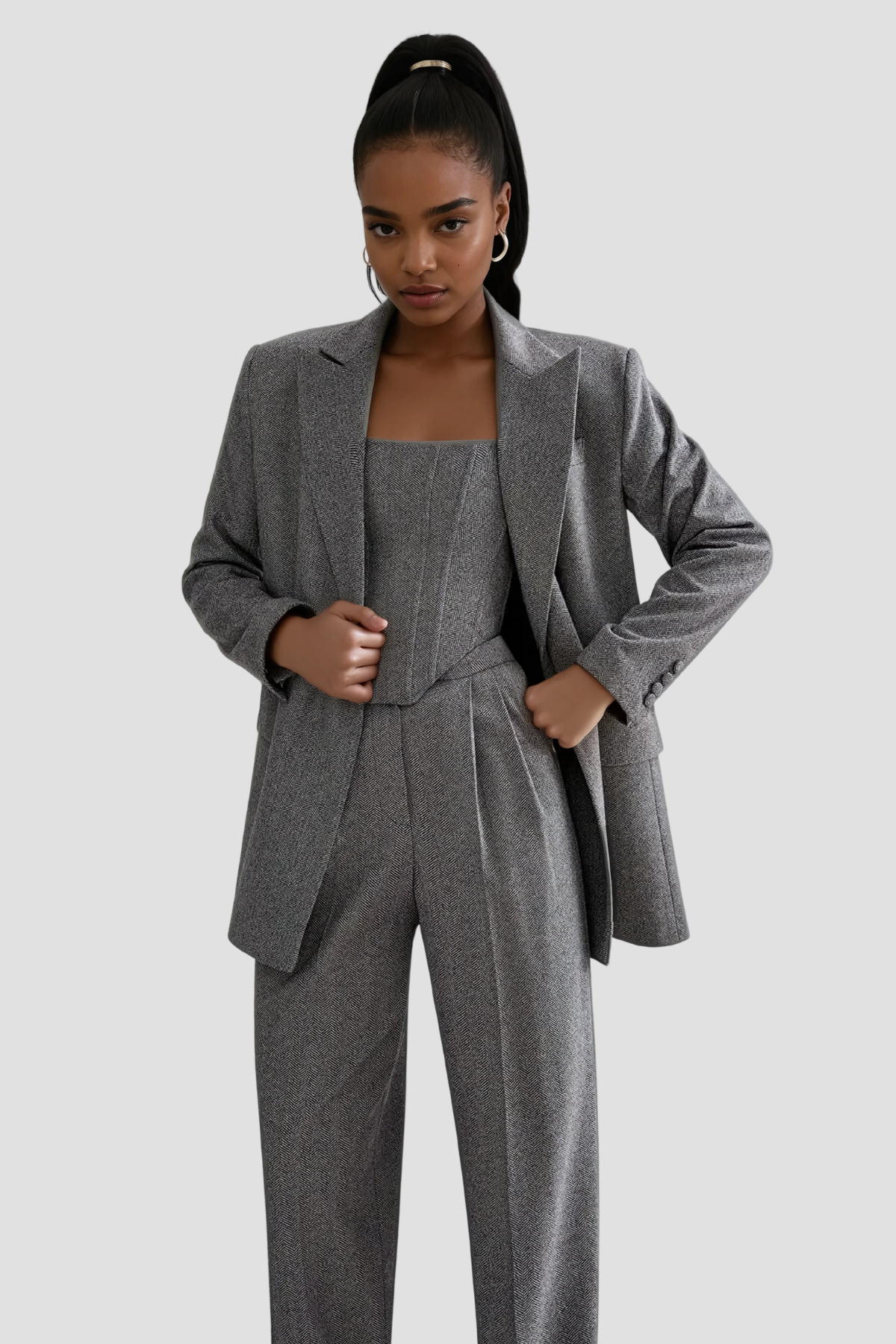 Strapless Lapel Three-Piece Trouser Suit - Grey