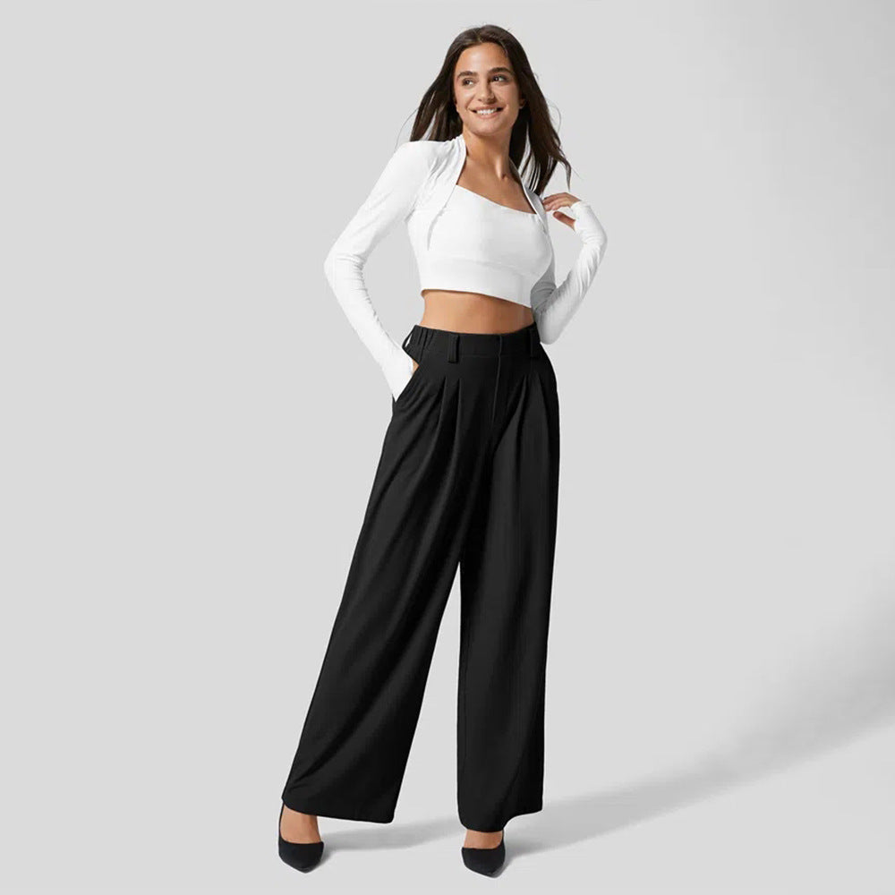 Women's High-Waisted Wide-Leg Trousers – Relaxed Full-Length Style with Practical Pockets for Work and Everyday Wear