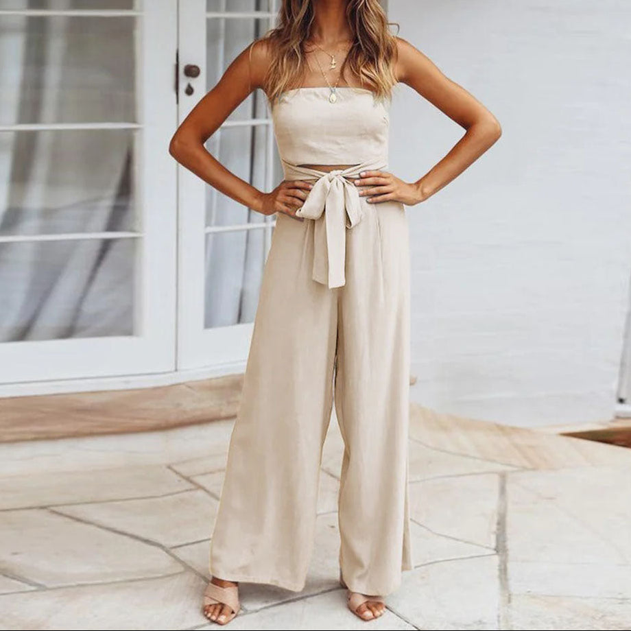 Women's Strapless Wide Leg Jumpsuit with Tie Waist